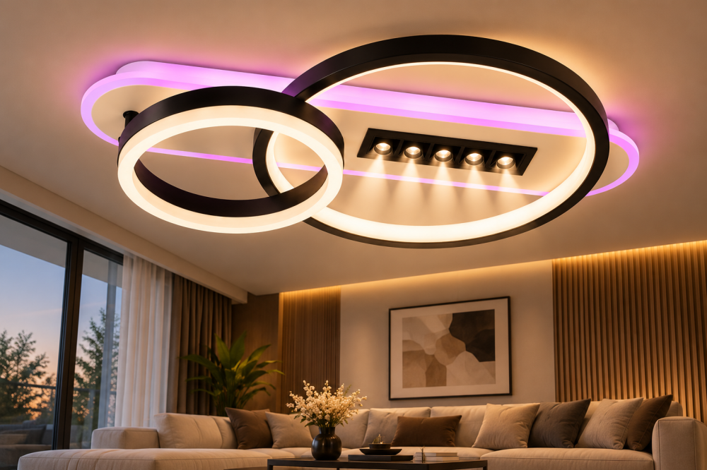 Plafoniera LED moderna AVI®, 2 inele Ø20/30 cm, alb-negru, 102W, 3 tipuri de lumina, RGB ambiental, telecomanda, 5 spoturi LED, AVI-5687 [4]