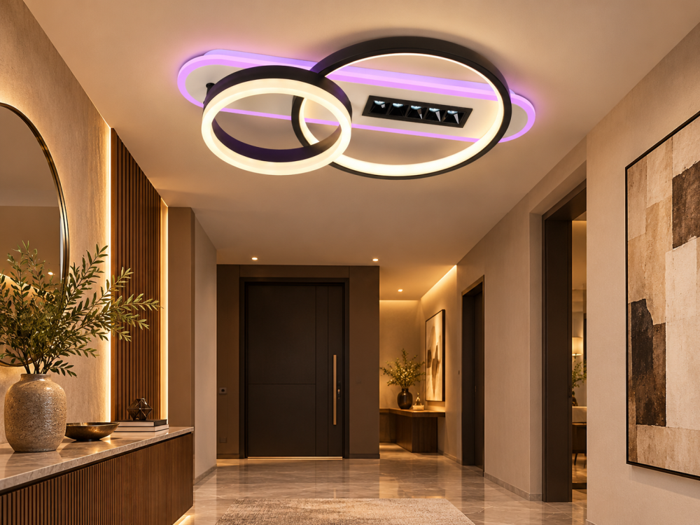 Plafoniera LED moderna AVI®, 2 inele Ø20/30 cm, alb-negru, 102W, 3 tipuri de lumina, RGB ambiental, telecomanda, 5 spoturi LED, AVI-5687 [5]