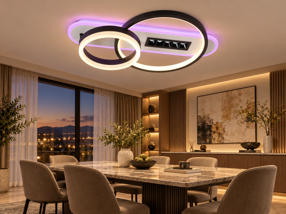 Plafoniera LED moderna AVI®, 2 inele Ø20/30 cm, alb-negru, 102W, 3 tipuri de lumina, RGB ambiental, telecomanda, 5 spoturi LED, AVI-5687 [7]