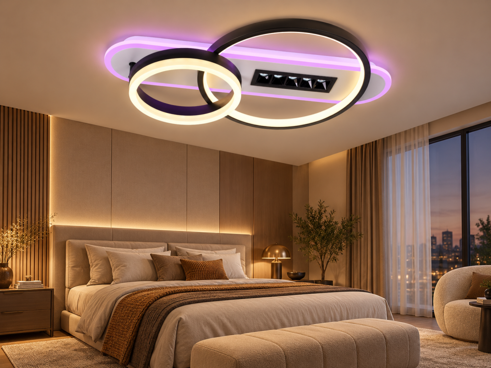Plafoniera LED moderna AVI®, 2 inele Ø20/30 cm, alb-negru, 102W, 3 tipuri de lumina, RGB ambiental, telecomanda, 5 spoturi LED, AVI-5687 [6]