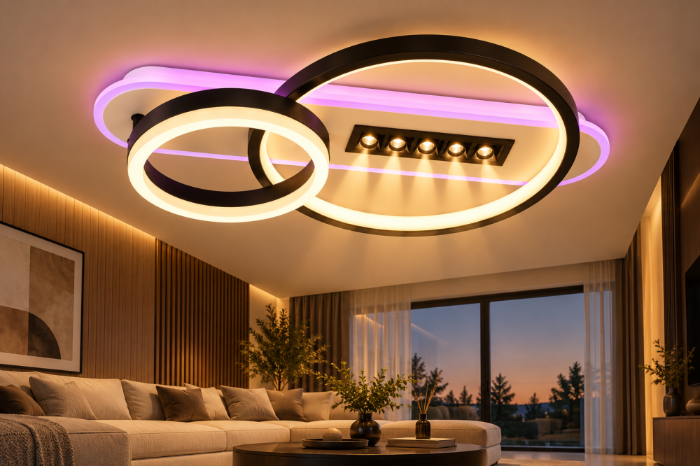 Plafoniera LED moderna AVI®, 2 inele Ø20/30 cm, alb-negru, 102W, 3 tipuri de lumina, RGB ambiental, telecomanda, 5 spoturi LED, AVI-5687 [3]