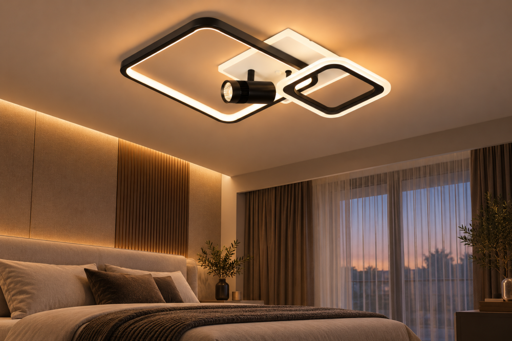 Plafoniera LED moderna AVI®, 2 rame patrate 25/35 cm, alb-negru, 114W, 3 tipuri de lumina, RGB ambiental, telecomanda, proiector negru, AVI-5689 [2]