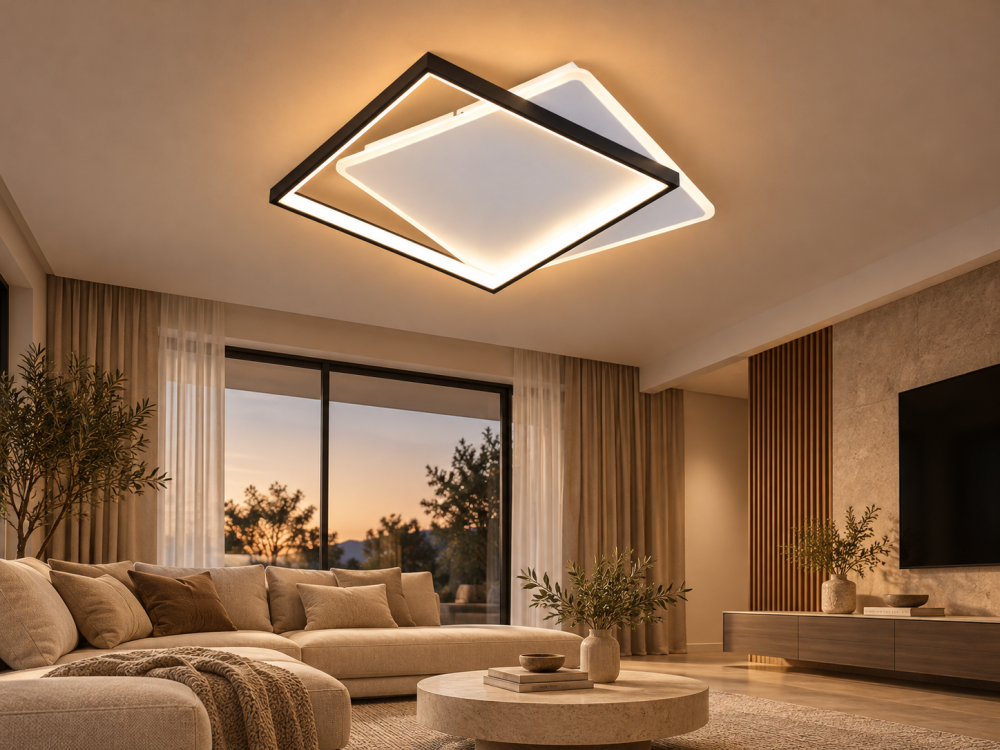 Plafoniera LED moderna AVI®, 2 rame patrate luminoase, alb-negru, 92W, 3 tipuri de lumina, telecomanda, latura 35 cm, AVI-5681 [4]