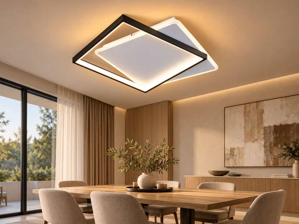 Plafoniera LED moderna AVI®, 2 rame patrate luminoase, alb-negru, 92W, 3 tipuri de lumina, telecomanda, latura 35 cm, AVI-5681 [3]