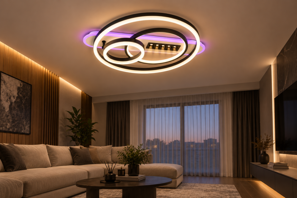Plafoniera LED moderna AVI®, 3 inele Ø20/30/50 cm, alb-negru, 162W, 3 tipuri de lumina, RGB ambiental, telecomanda, 5 spoturi LED, AVI-5688 [2]