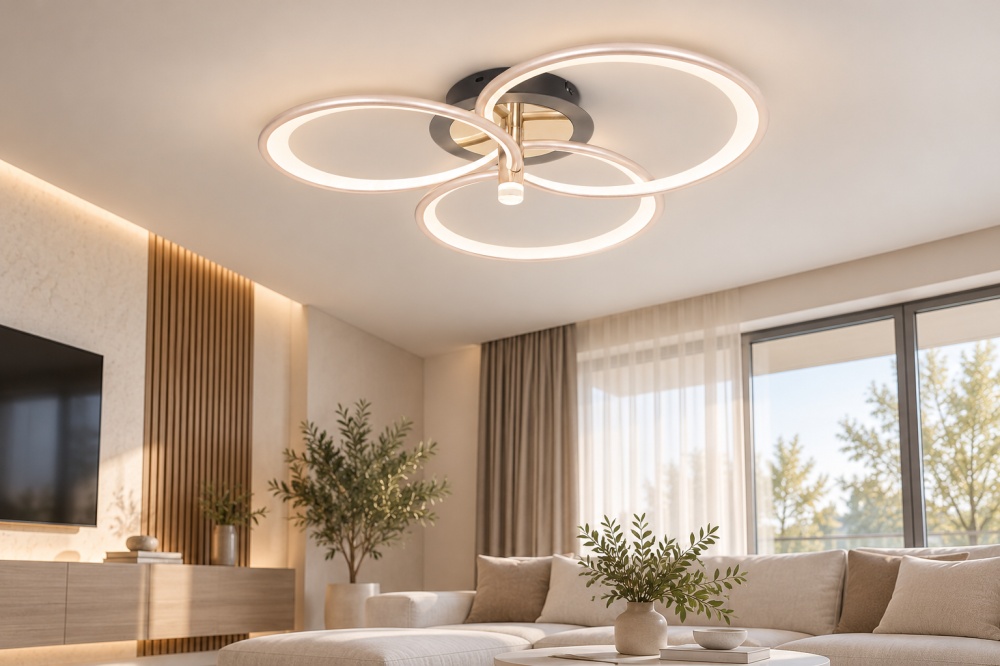 Plafoniera LED moderna AVI®, 3 inele spiralate Ø30 cm, argintiu perlat cu tenta auriu pal, 96W, 3 tipuri de lumina, telecomanda, proiector integrat, AVI-5690 [5]