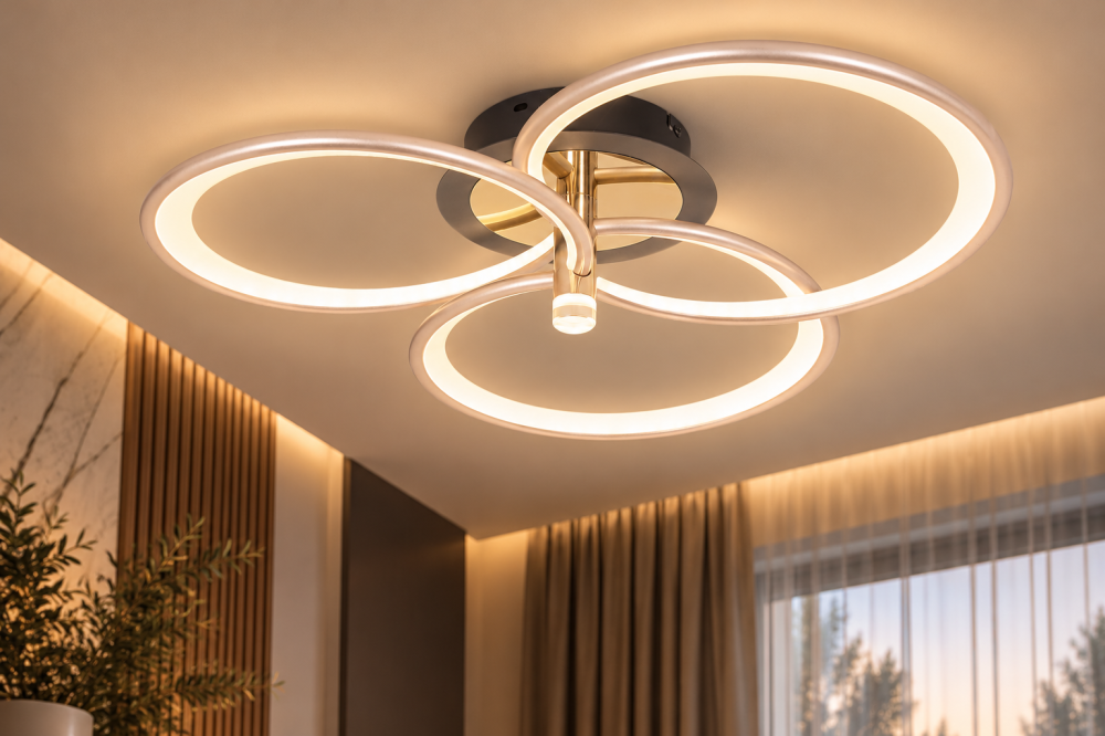 Plafoniera LED moderna AVI®, 3 inele spiralate Ø30 cm, argintiu perlat cu tenta auriu pal, 96W, 3 tipuri de lumina, telecomanda, proiector integrat, AVI-5690 [2]