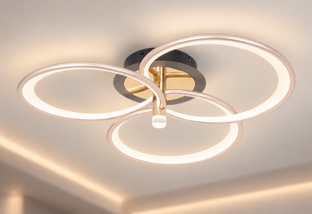 Plafoniera LED moderna AVI®, 3 inele spiralate Ø30 cm, argintiu perlat cu tenta auriu pal, 96W, 3 tipuri de lumina, telecomanda, proiector integrat, AVI-5690 [3]