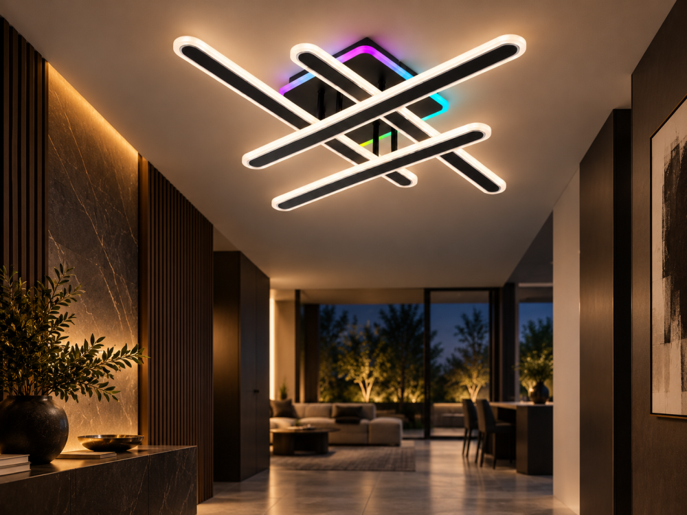 Plafoniera LED moderna AVI®, 4 brate de 60 cm, 146W, 3 tipuri de lumina, RGB ambiental, telecomanda, suport 24 x 24 cm, AVI-5665 [2]