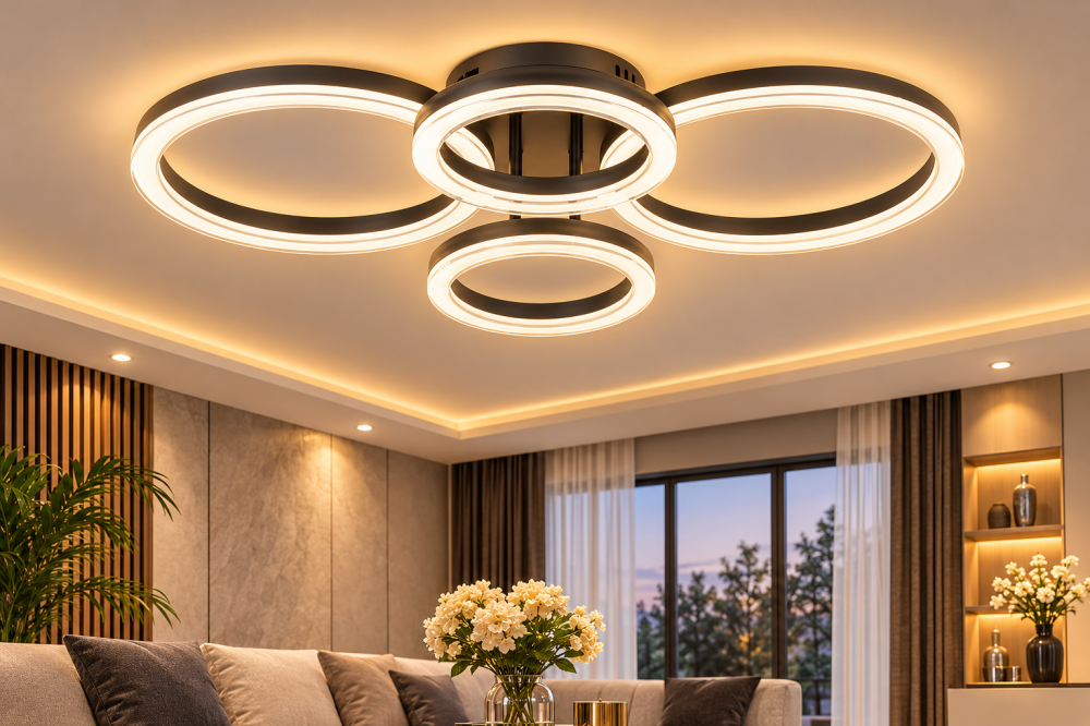 Plafoniera LED moderna AVI®, 4 inele luminoase, neagra, 134W, 3 tipuri de lumina, telecomanda, AVI-5670 [4]