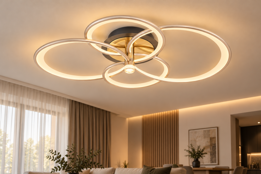 Plafoniera LED moderna AVI®, 4 inele spiralate Ø30/40 cm, argintiu perlat cu tenta auriu pal, 160W, 3 tipuri de lumina, telecomanda, proiector integrat, AVI-5691 [3]