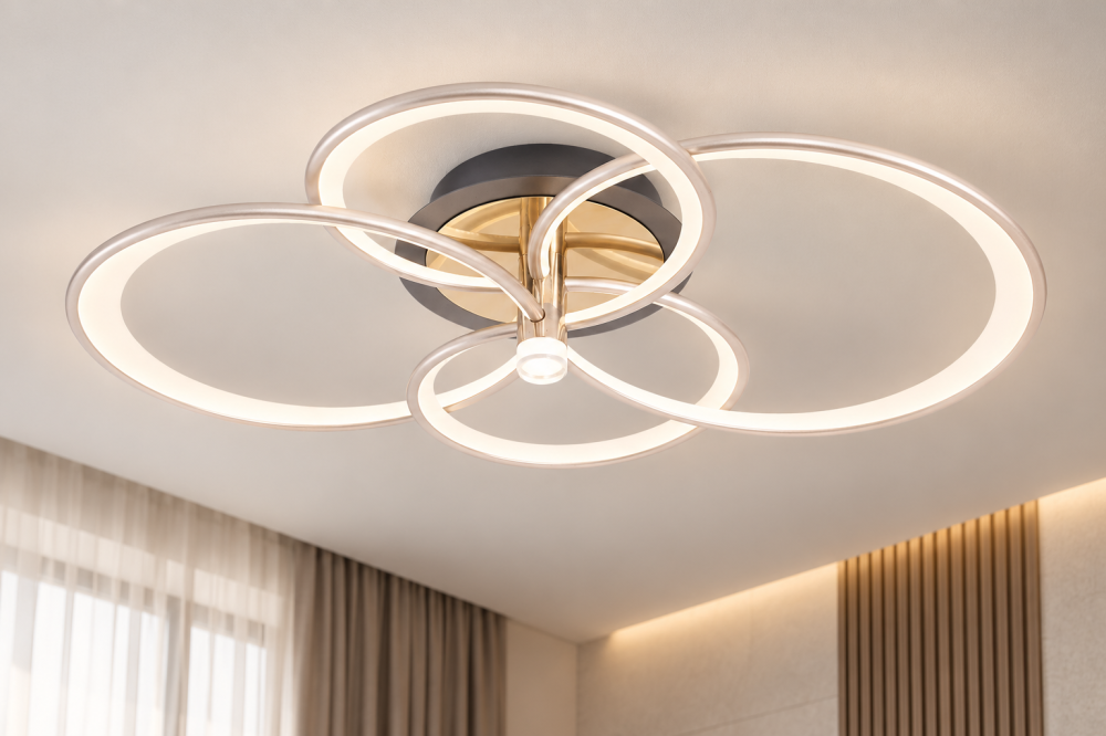 Plafoniera LED moderna AVI®, 4 inele spiralate Ø30/40 cm, argintiu perlat cu tenta auriu pal, 160W, 3 tipuri de lumina, telecomanda, proiector integrat, AVI-5691 [5]