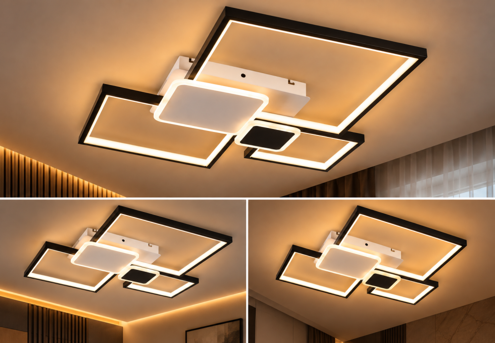 Plafoniera LED moderna AVI®, 5 corpuri patrate, alb + negru, 152W, 3 tipuri de lumina, telecomanda, AVI-5684 [3]