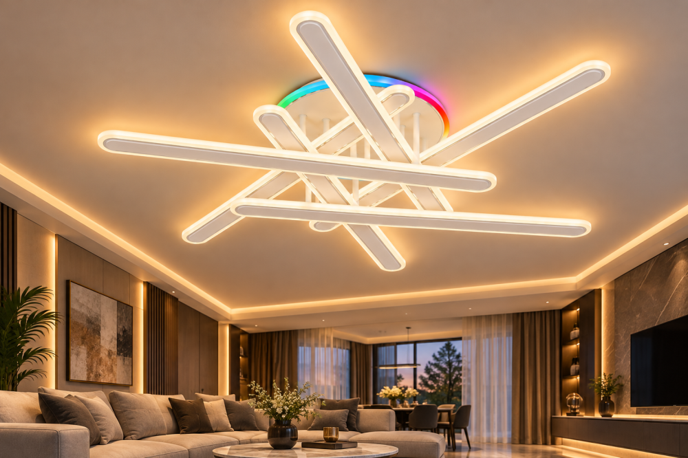 Plafoniera LED moderna AVI®, 6 brate de 60 cm, alba, 210W, 3 tipuri de lumina, RGB ambiental, telecomanda, suport Ø30 cm, AVI-5667 [2]