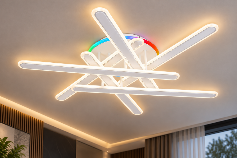 Plafoniera LED moderna AVI®, 6 brate de 60 cm, alba, 210W, 3 tipuri de lumina, RGB ambiental, telecomanda, suport Ø30 cm, AVI-5667 [4]