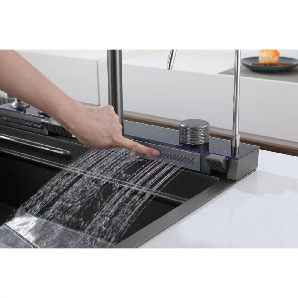 Set chiuveta si baterie cu dublu waterfall, afisaj electronic autonom, 750mm x 460mm, nu necesita conectarea la o sursa de energie, dark grey, AVI-4089 [9]
