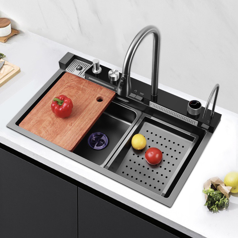 Set chiuveta si baterie cu dublu waterfall, afisaj electronic autonom, 750mm x 460mm, nu necesita conectarea la o sursa de energie, dark grey, AVI-4089 [3]