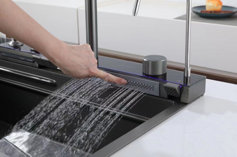 Set chiuveta si baterie cu dublu waterfall, afisaj electronic autonom, 750mm x 460mm, nu necesita conectarea la o sursa de energie, dark grey, AVI-4089 [5]