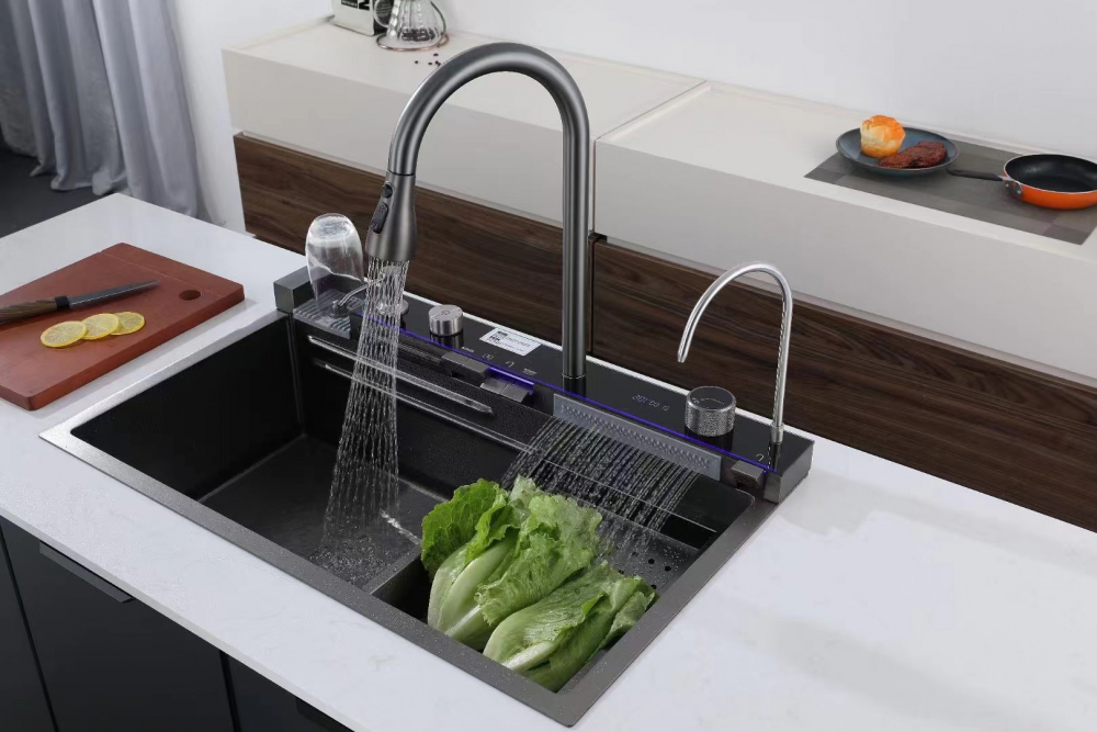 Set chiuveta si baterie cu dublu waterfall, afisaj electronic autonom, 750mm x 460mm, nu necesita conectarea la o sursa de energie, dark grey, AVI-4089 [2]