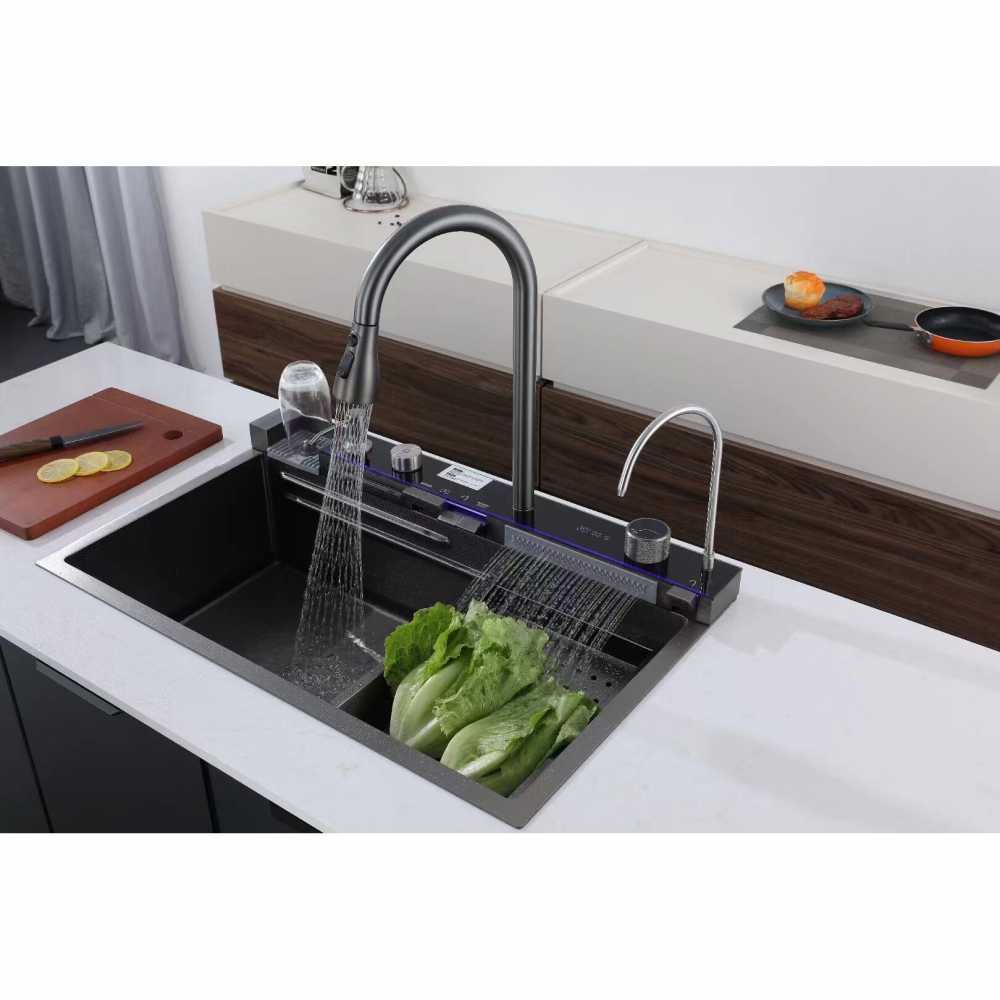 Set chiuveta si baterie cu dublu waterfall, afisaj electronic autonom, 750mm x 460mm, nu necesita conectarea la o sursa de energie, dark grey, AVI-4089 [7]