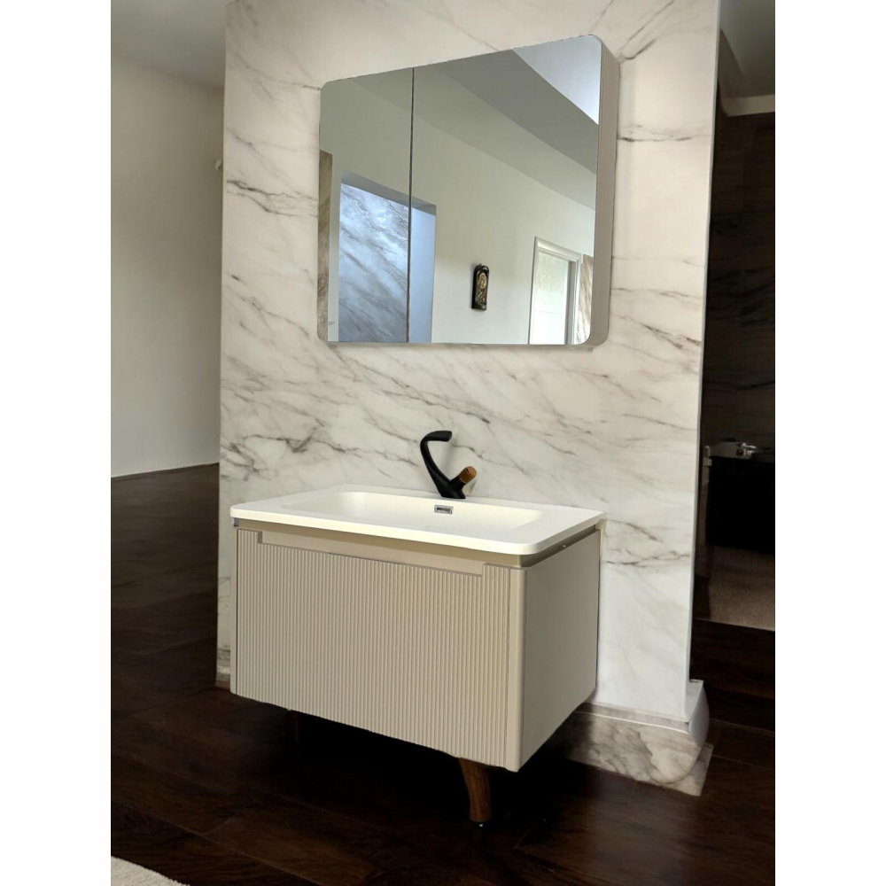 Set mobilier baie suspendat din compozit mineral, corp 80x50x46 cm cu blat 2 cm și lavoar inclus, dulap cu oglindă 80x70x14 cm, AVI-4110 [1]