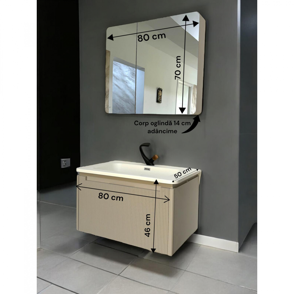 Set mobilier baie suspendat din compozit mineral, corp 80x50x46 cm cu blat 2 cm și lavoar inclus, dulap cu oglindă 80x70x14 cm, AVI-4110 [6]