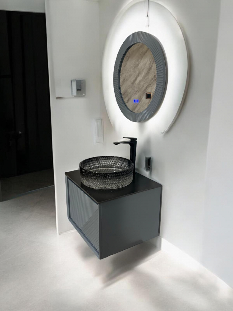 Set mobilier baie suspendat din compozit mineral, corp 60x50x41 cm cu blat ceramic negru mat și lavoar din cristal, oglindă LED Ø60 cm cu funcție de dezaburire, AVI-4102 [9]