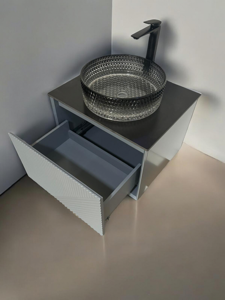 Set mobilier baie suspendat din compozit mineral, corp 60x50x41 cm cu blat ceramic negru mat și lavoar din cristal, oglindă LED Ø60 cm cu funcție de dezaburire, AVI-4102 [6]