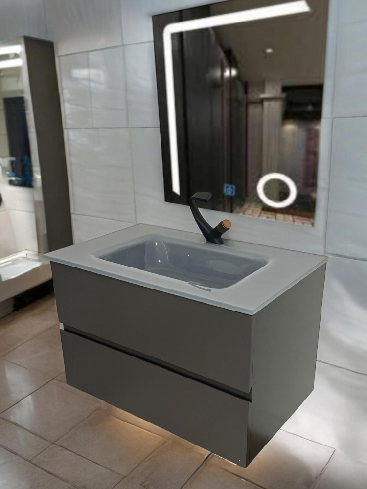 Set mobilier baie suspendat din compozit mineral, corp 80x50x51.5 cm cu blat din sticlă și lavoar integrat, oglindă LED 60x80 cm, AVI-4104 [6]