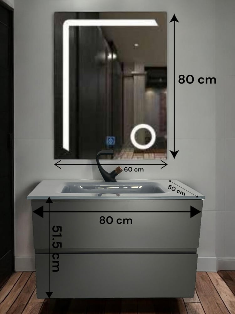 Set mobilier baie suspendat din compozit mineral, corp 80x50x51.5 cm cu blat din sticlă și lavoar integrat, oglindă LED 60x80 cm, AVI-4104 [4]