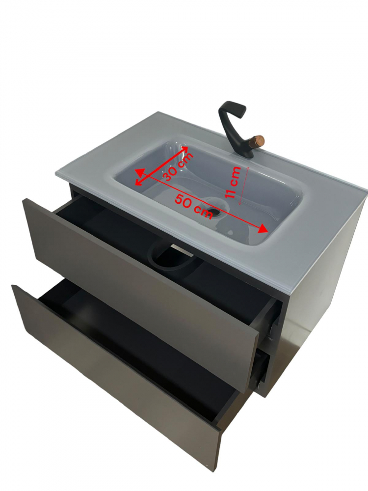 Set mobilier baie suspendat din compozit mineral, corp 80x50x51.5 cm cu blat din sticlă și lavoar integrat, oglindă LED 60x80 cm, AVI-4104 [5]