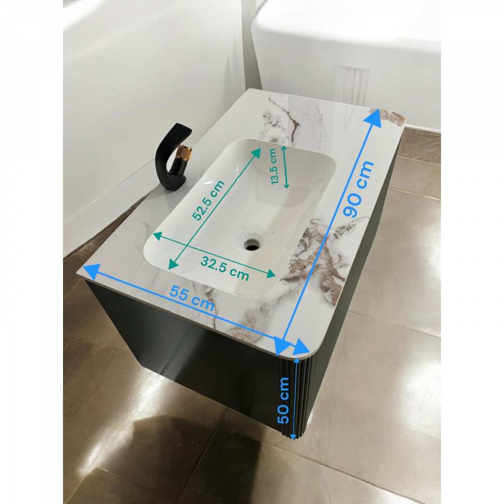 Set mobilier baie suspendat din compozit mineral, corp 90x55x50 cm cu blat din marmură și lavoar integrat, oglindă LED Ø80 cm cu funcție de dezaburire, verde închis, AVI-4111 [6]
