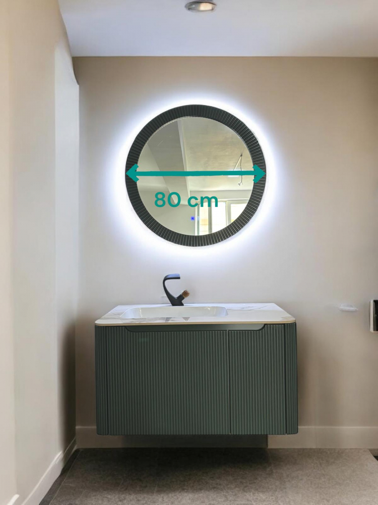 Set mobilier baie suspendat din compozit mineral, corp 90x55x50 cm cu blat din marmură și lavoar integrat, oglindă LED Ø80 cm cu funcție de dezaburire, verde închis, AVI-4111 [3]