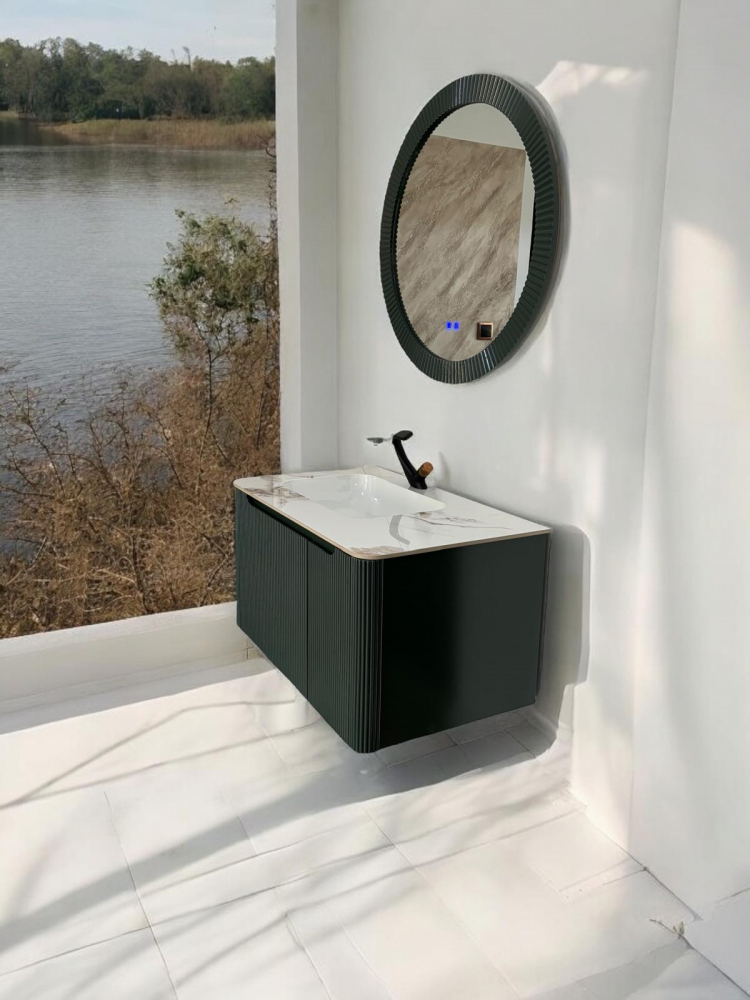 Set mobilier baie suspendat din compozit mineral, corp 90x55x50 cm cu blat din marmură și lavoar integrat, oglindă LED Ø80 cm cu funcție de dezaburire, verde închis, AVI-4111 [2]