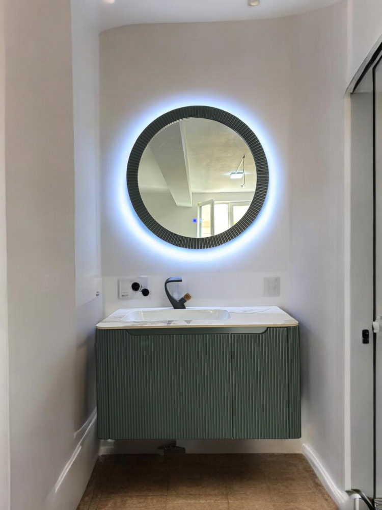 Set mobilier baie suspendat din compozit mineral, corp 90x55x50 cm cu blat din marmură și lavoar integrat, oglindă LED Ø80 cm cu funcție de dezaburire, verde închis, AVI-4111 [4]