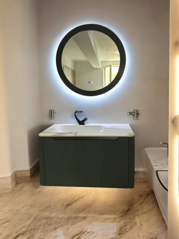 Set mobilier baie suspendat din compozit mineral, corp 90x55x50 cm cu blat din marmură și lavoar integrat, oglindă LED Ø80 cm cu funcție de dezaburire, verde închis, AVI-4111 [5]