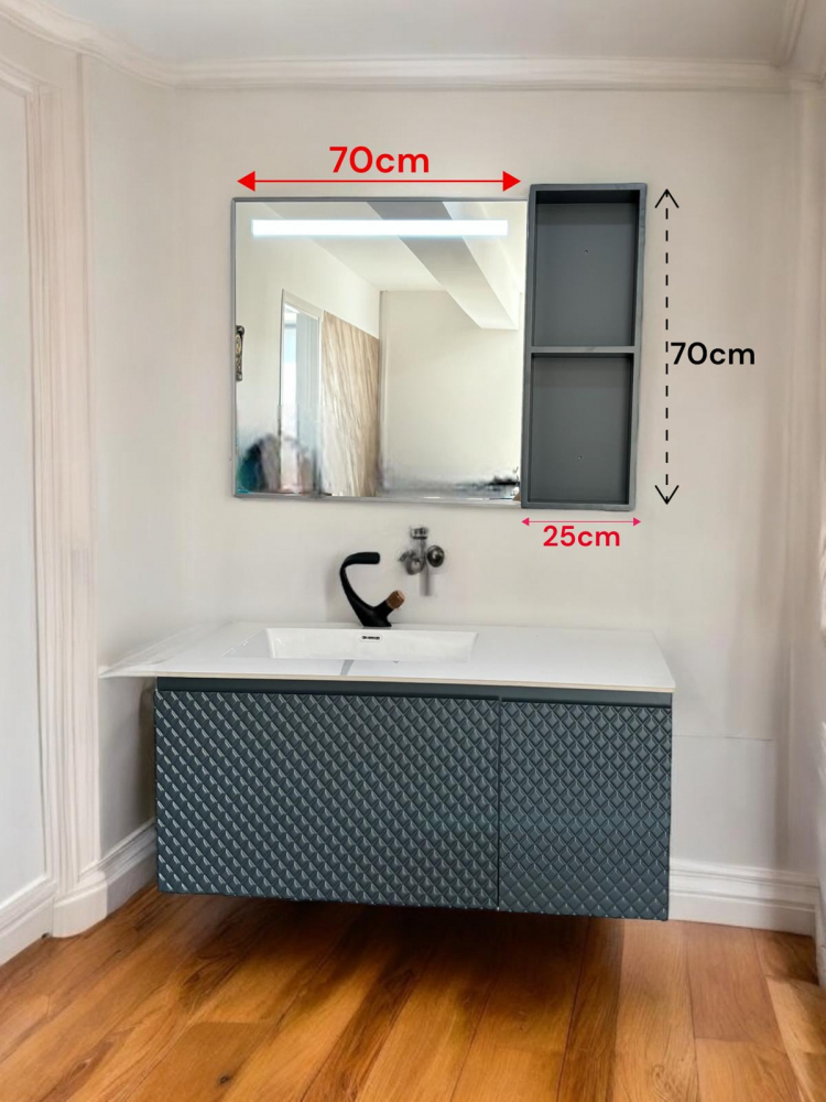 Set mobilier baie, corp suspendat din compozit mineral 100x55x44.5 cm cu blat și lavoar, oglindă LED 70x70 cm și corp lateral 70x25 cm, AVI-4103 [2]