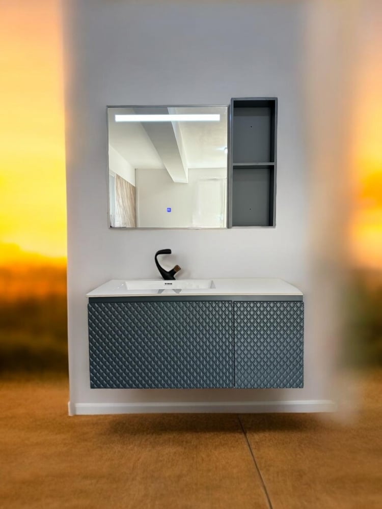 Set mobilier baie, corp suspendat din compozit mineral 100x55x44.5 cm cu blat și lavoar, oglindă LED 70x70 cm și corp lateral 70x25 cm, AVI-4103 [6]