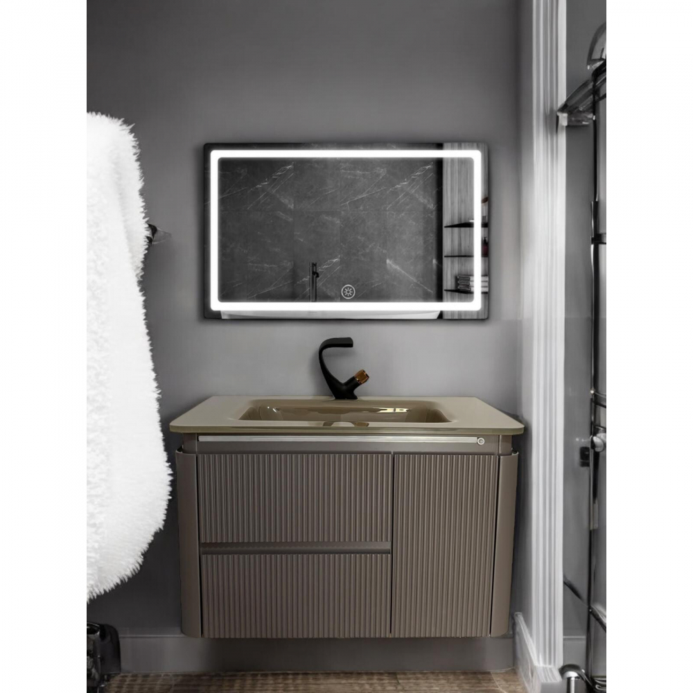 Set mobilier baie suspendat din compozit mineral, corp 80x50x49.5 cm cu lavoar din sticlă și bandă LED cu senzor, oglindă LED 80x60 cm, AVI-4105 [4]
