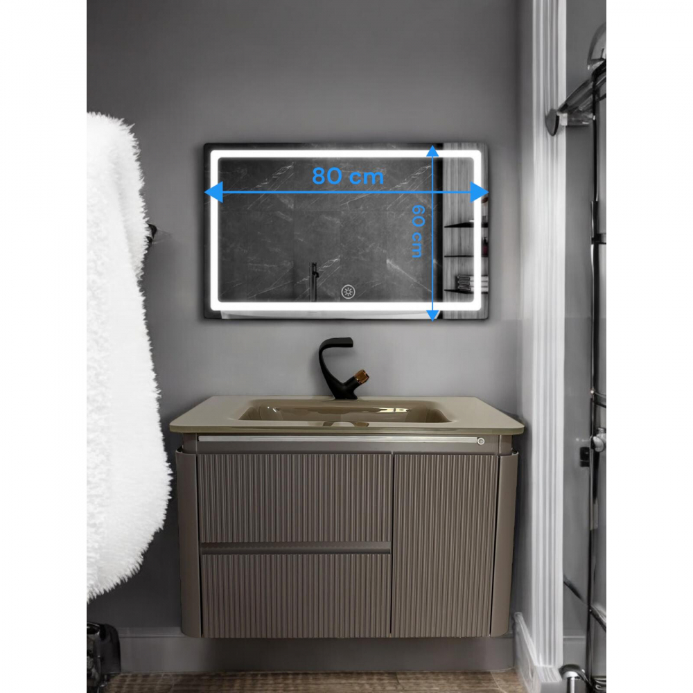 Set mobilier baie suspendat din compozit mineral, corp 80x50x49.5 cm cu lavoar din sticlă și bandă LED cu senzor, oglindă LED 80x60 cm, AVI-4105 [5]