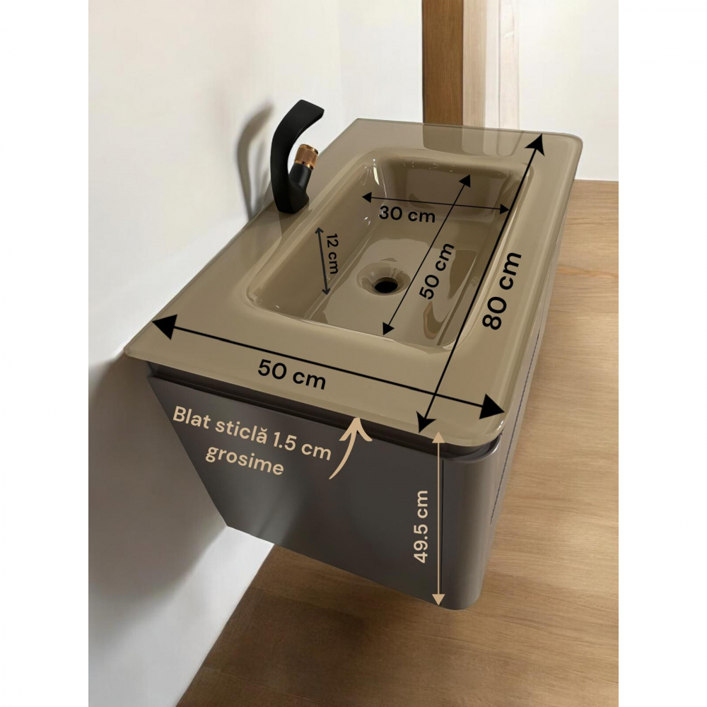 Set mobilier baie suspendat din compozit mineral, corp 80x50x49.5 cm cu lavoar din sticlă și bandă LED cu senzor, oglindă LED 80x60 cm, AVI-4105 [2]