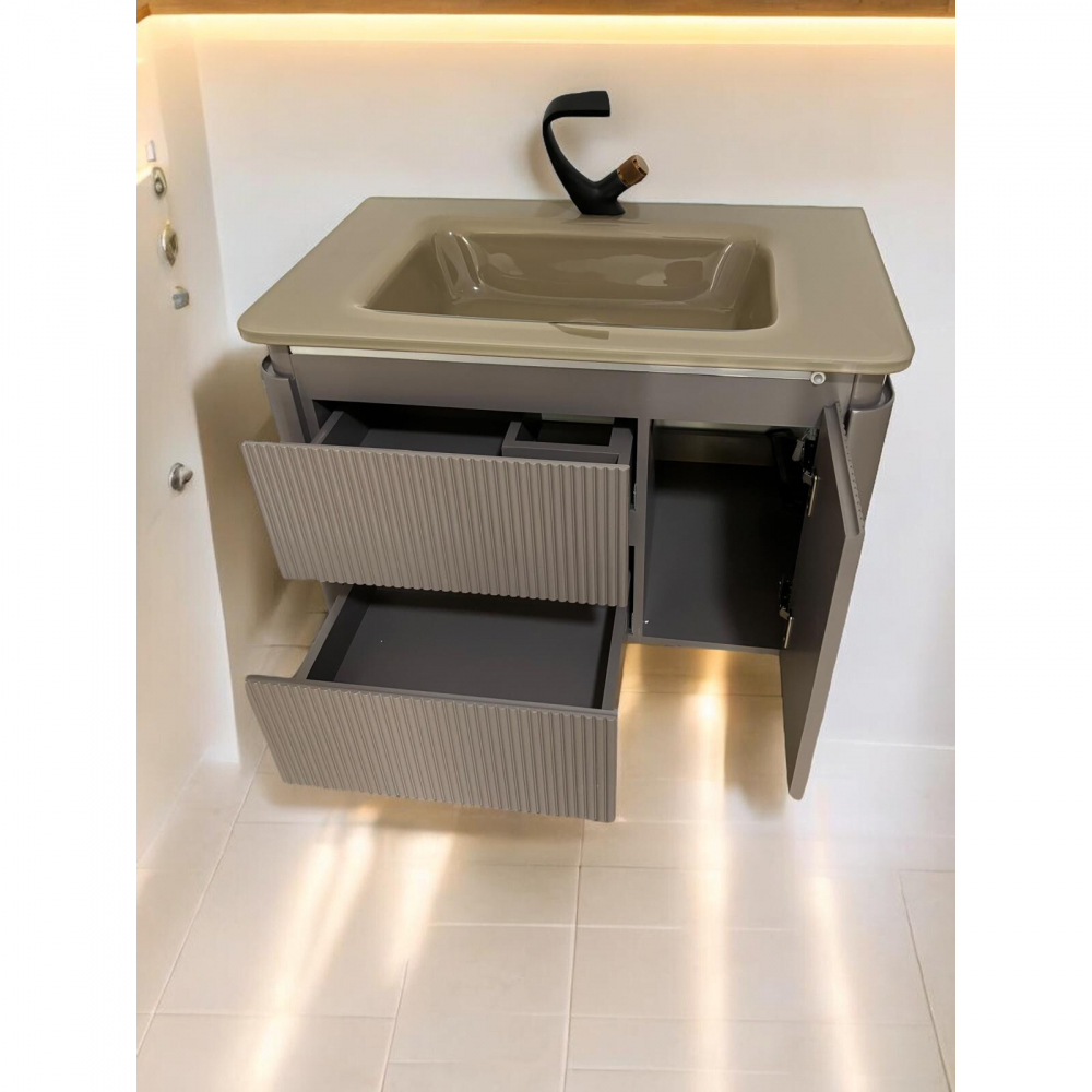 Set mobilier baie suspendat din compozit mineral, corp 80x50x49.5 cm cu lavoar din sticlă și bandă LED cu senzor, oglindă LED 80x60 cm, AVI-4105 [3]