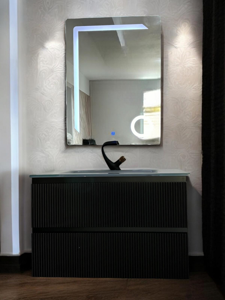 Set mobilier baie suspendat din compozit mineral, corp 80x50.5x51.5 cm cu blat din sticlă și lavoar integrat, oglindă LED 60x80 cm inclusă, AVI-4109 [3]