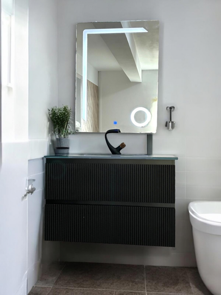 Set mobilier baie suspendat din compozit mineral, corp 80x50.5x51.5 cm cu blat din sticlă și lavoar integrat, oglindă LED 60x80 cm inclusă, AVI-4109 [4]