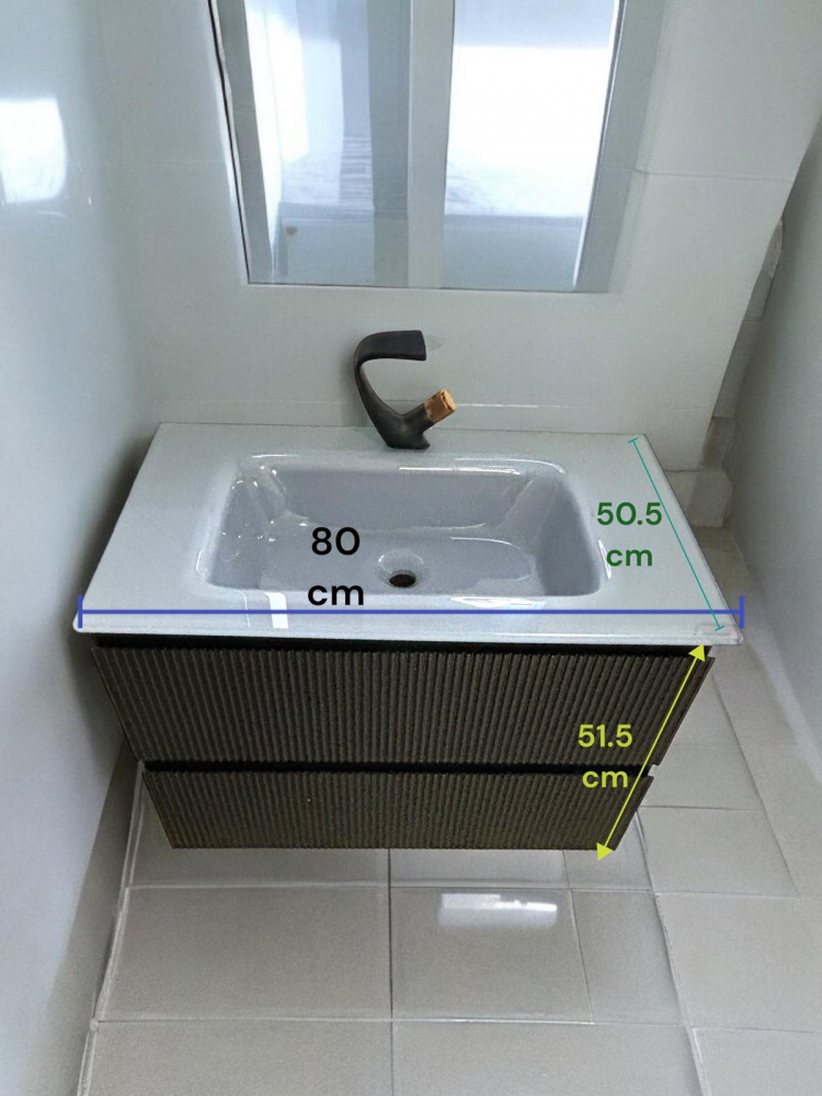 Set mobilier baie suspendat din compozit mineral, corp 80x50.5x51.5 cm cu blat din sticlă și lavoar integrat, oglindă LED 60x80 cm inclusă, AVI-4109 [7]