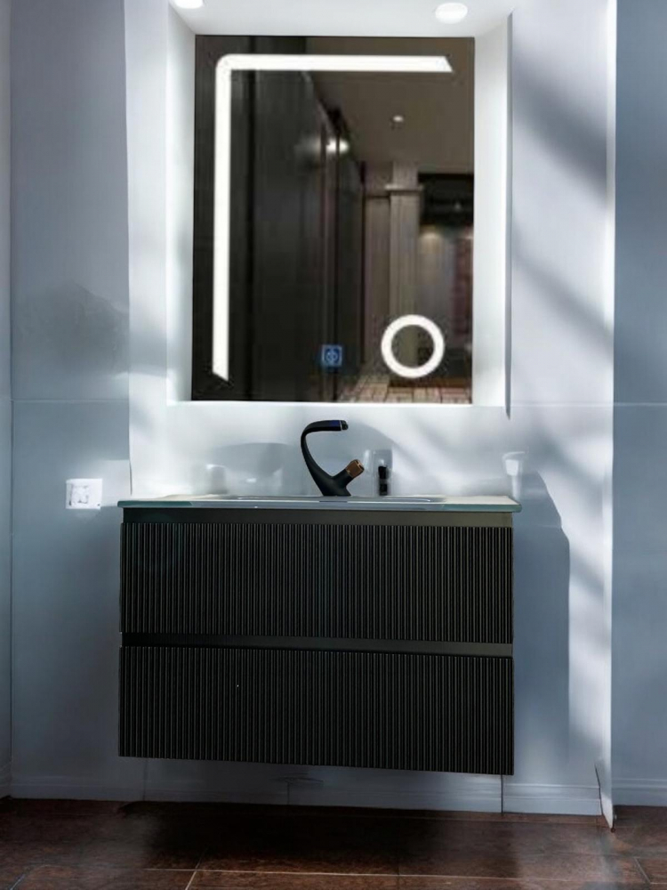 Set mobilier baie suspendat din compozit mineral, corp 80x50.5x51.5 cm cu blat din sticlă și lavoar integrat, oglindă LED 60x80 cm inclusă, AVI-4109 [1]