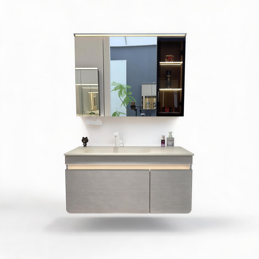Set mobilier suspendat pentru baie, AVI®, 100 cm, cu lavoar, oglindă cu zone de depozitare, iluminare LED, AVI-5486 [5]