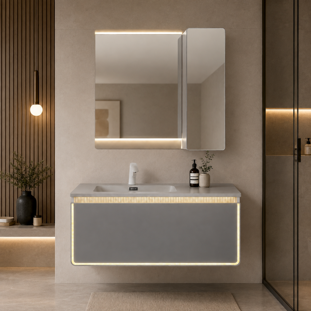 Set mobilier suspendat pentru baie, AVI®, 120 cm, cu lavoar, oglindă, corp suspendat cu ușă oglindă, iluminare LED pe mobilier și oglindă, AVI-5487 [2]