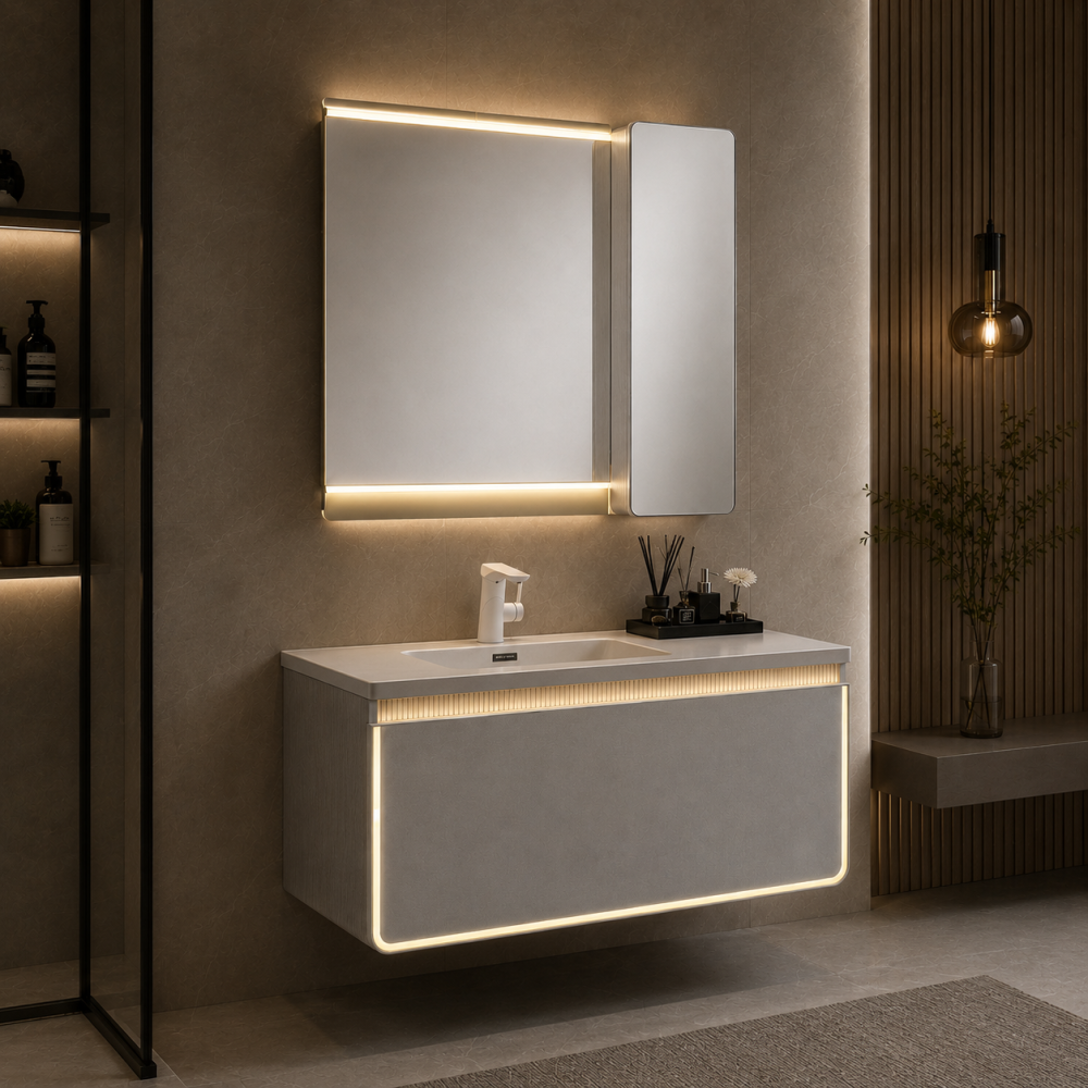 Set mobilier suspendat pentru baie, AVI®, 120 cm, cu lavoar, oglindă, corp suspendat cu ușă oglindă, iluminare LED pe mobilier și oglindă, AVI-5487 [5]
