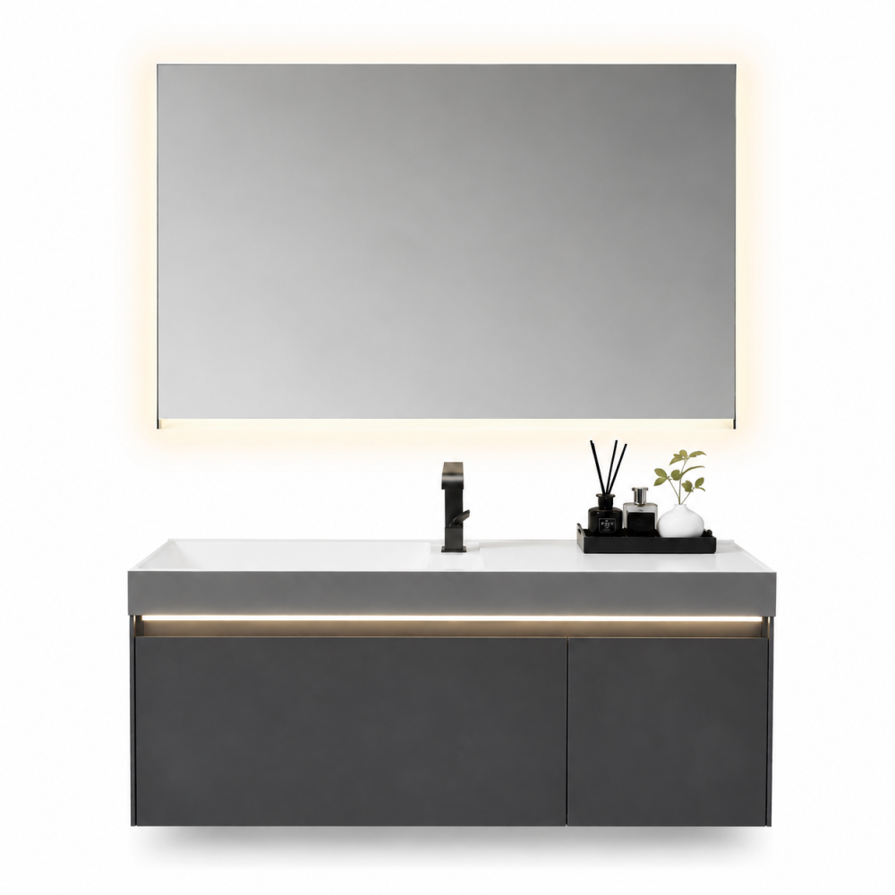 Set mobilier suspendat pentru baie, AVI®, 120 cm, cu lavoar, oglindă cu iluminare LED și corp inferior cu iluminare LED, spații de depozitare, AVI-5489 [4]